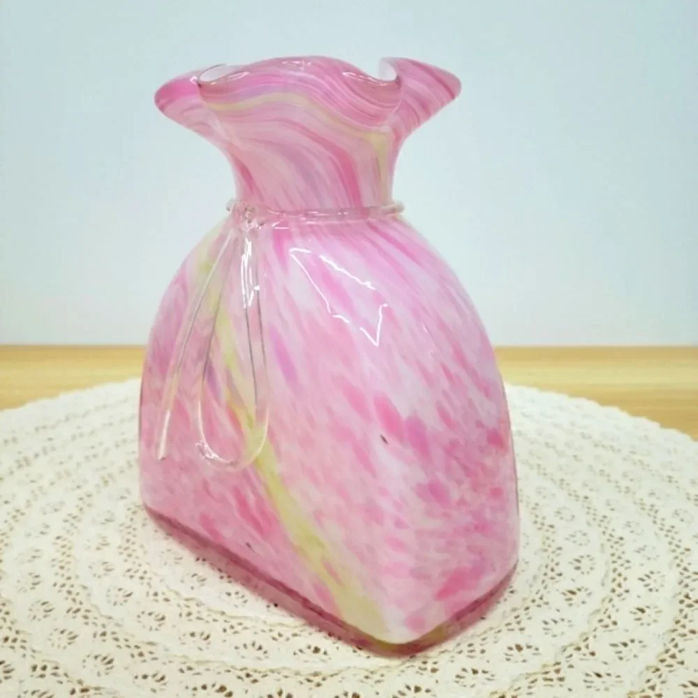 Vintage Murano Style Pink Cased Art Glass Tied Gift Bag Swirl Vase